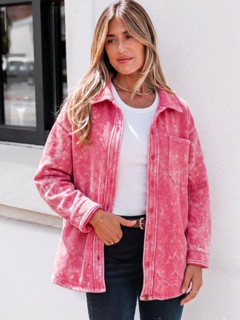 Simply Southern Acid Wash Shacket ~ Pink